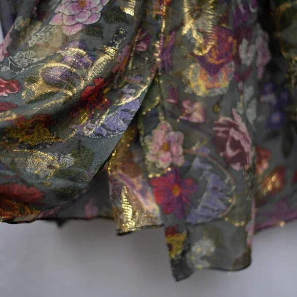 Nicole Miller Artelier M Silk Floral Boho Top Gold Metallic Off-Shoulder Blouse - Picture 6 of 11